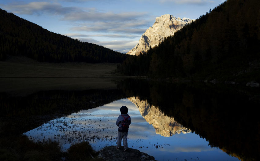 Rear view of man standing in lake