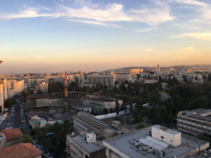 High angle view of cityscape against sky during sunset
