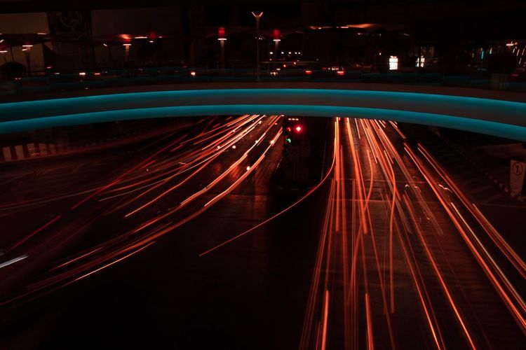 Light trails on road at night