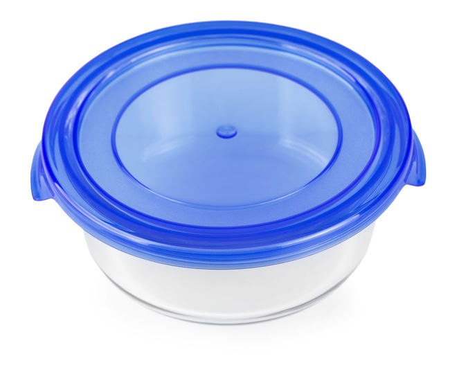 High angle view of blue jar on white background