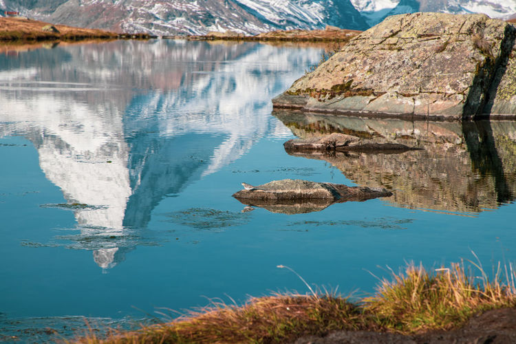 Reflection of rocks in lake