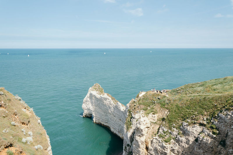 High angle view of cliff and sea at etretat