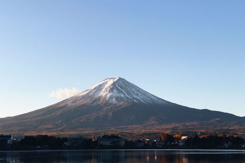 Scenic view of snowcapped volcanic mountain against blue sky