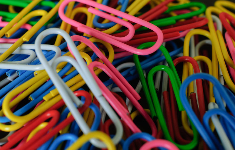 Full frame shot of colorful paper clips