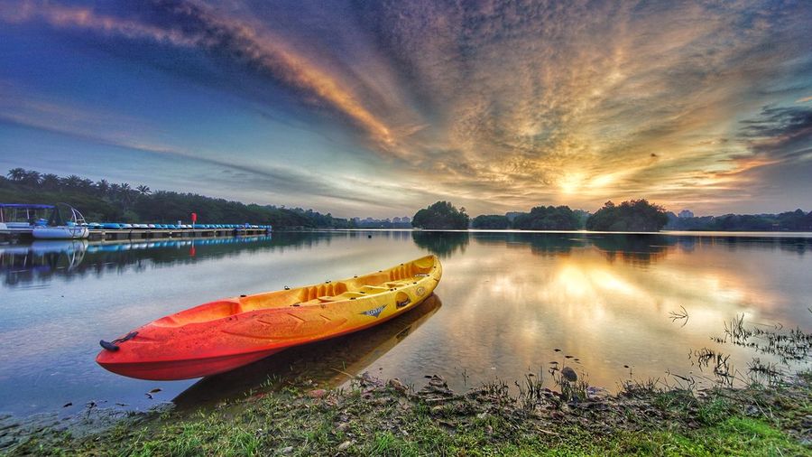 Scenic view of lake against sky during sunset