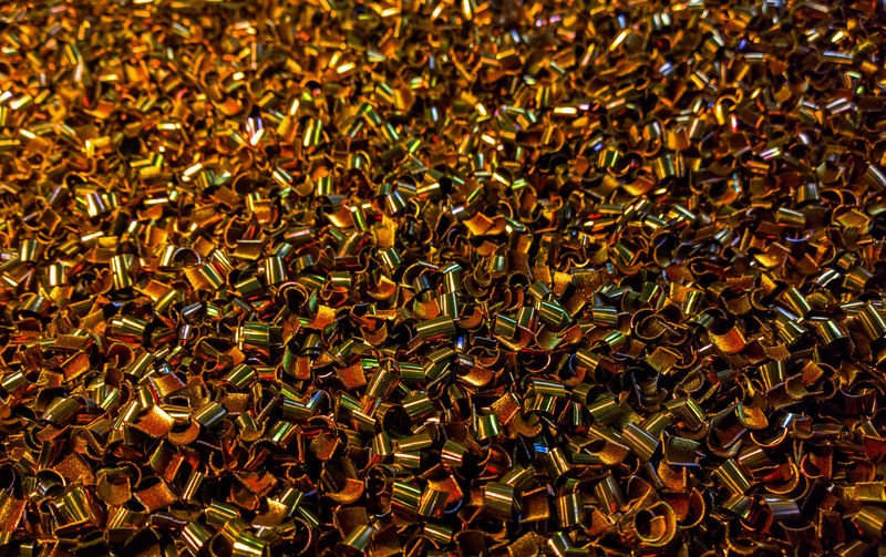 Full frame shot of multi colored copper or brass metal shirt swarf or shavings