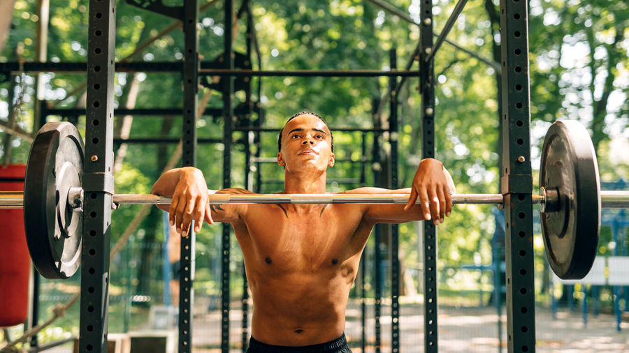 Shirtless man exercising outdoor