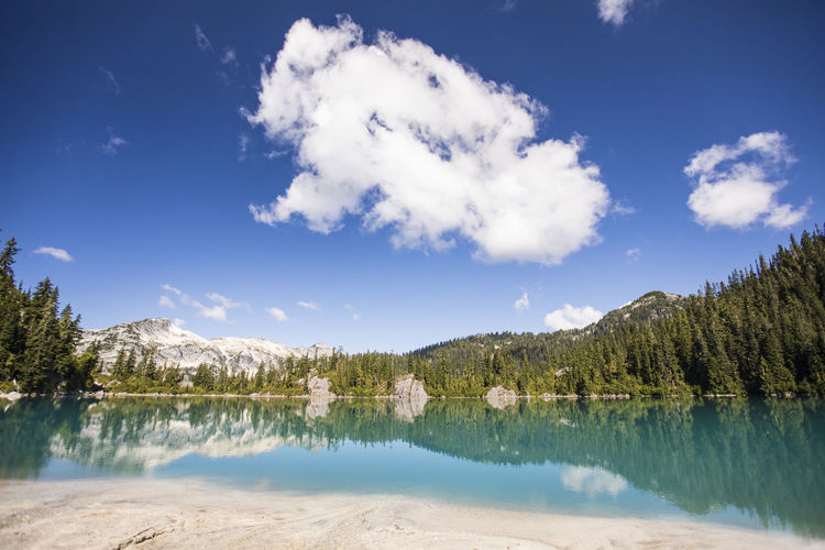 Forest and mountains reflected in alpine lake, british columbia.
