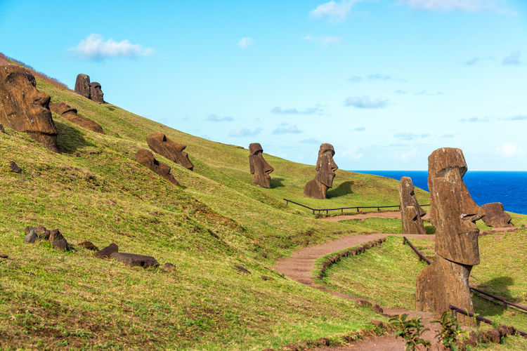 Moai statues on field against sky