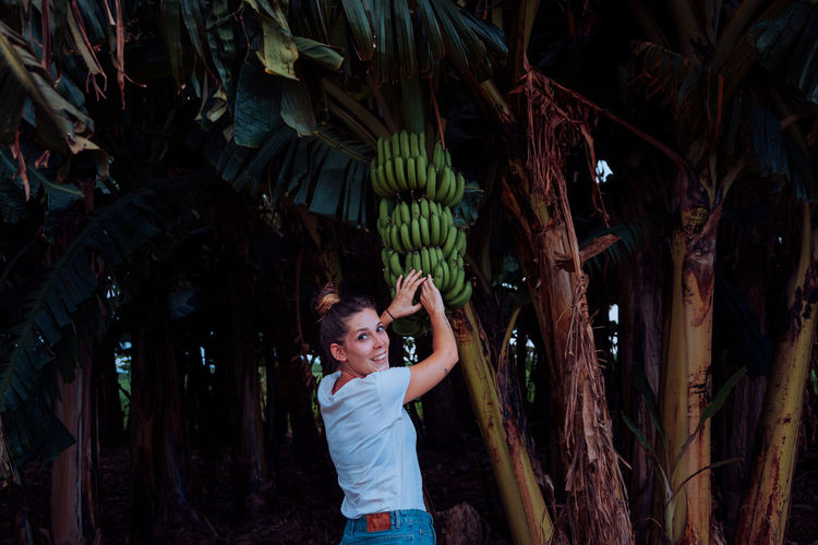 Back view of satisfied young woman on vacation in casual wear smiling and looking at camera while reaching for green bananas on tree in cuba