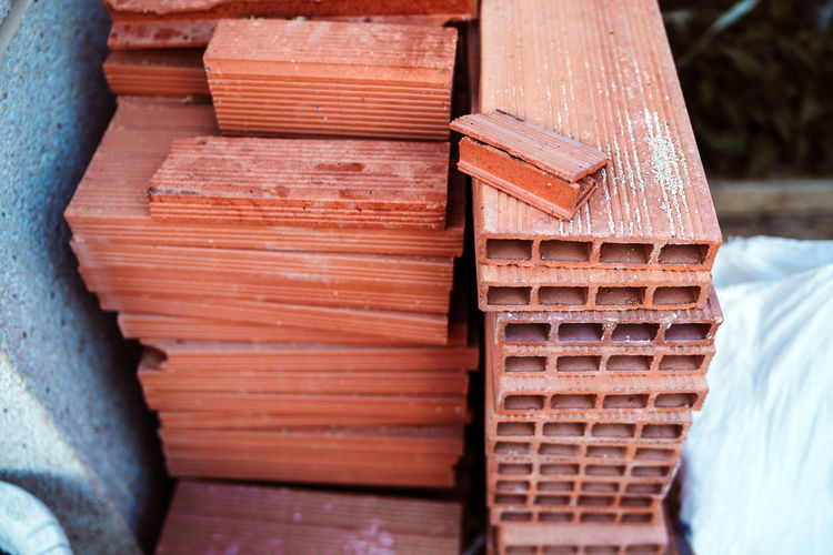 Stacked bricks at home in construction site during home improvement