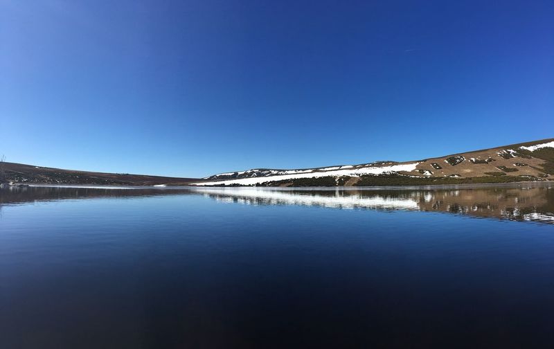 Scenic view of lake against clear blue sky