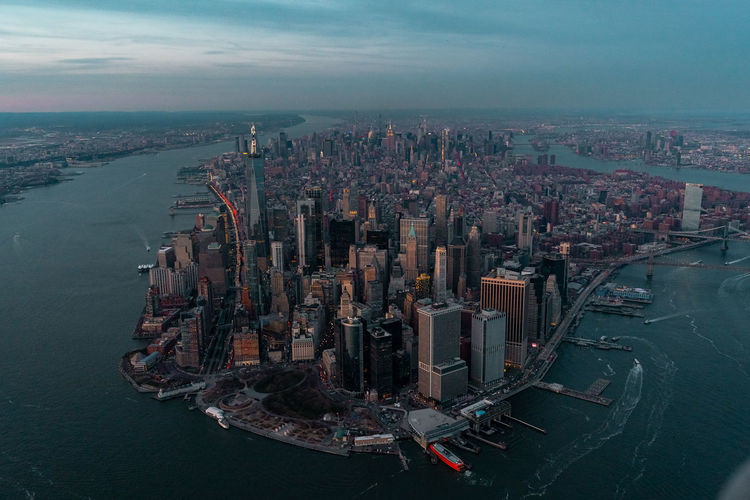 Aerial view of new york city and its financial district of manhattan as seen from a helicopter