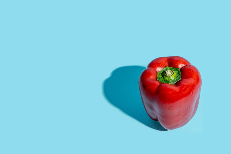 Close-up of red bell pepper against blue background