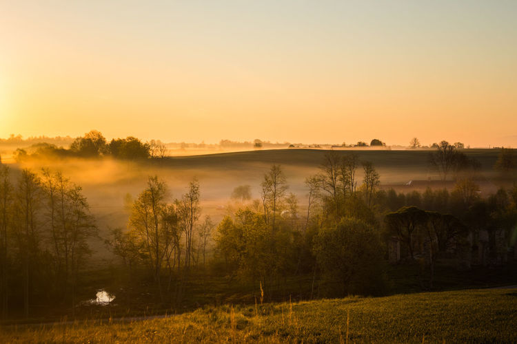 A misty sunrise landscape over the small river valley. summertime scenery of northern europe.