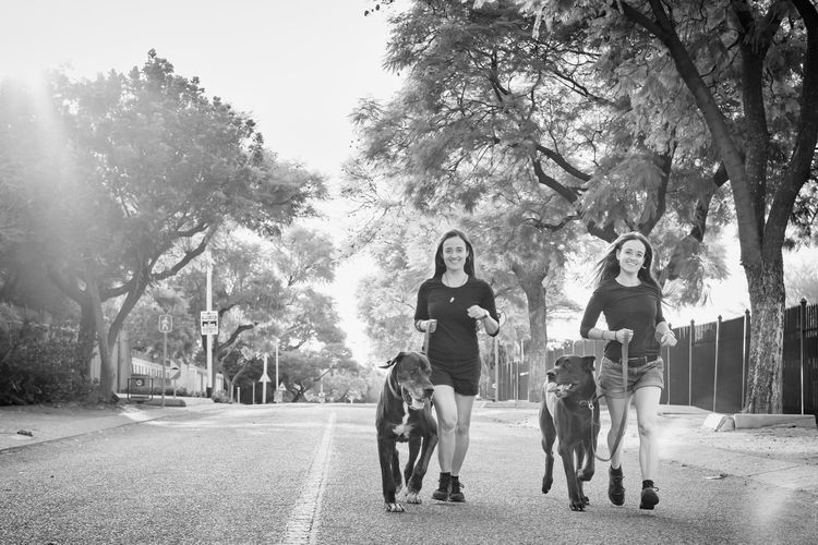 Portrait of smiling sisters with dogs running on road against trees