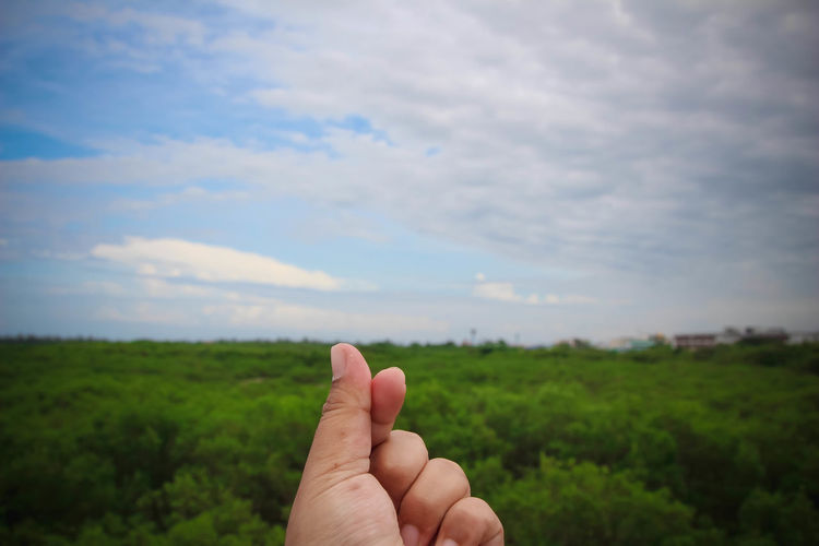 Cropped hand gesturing by green landscape against cloudy sky
