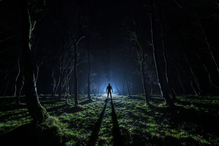 Silhouette man standing on field at night