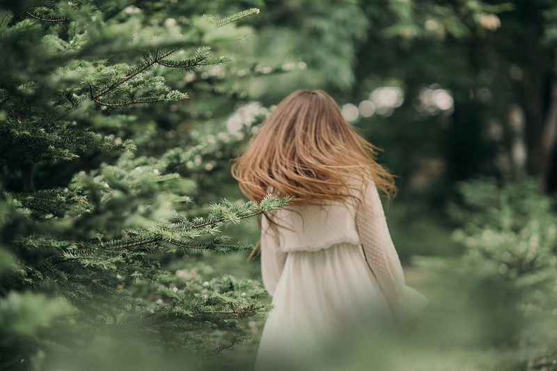 Green prickly branches of tree in focus against the background of fleeing blurry girl with long hair