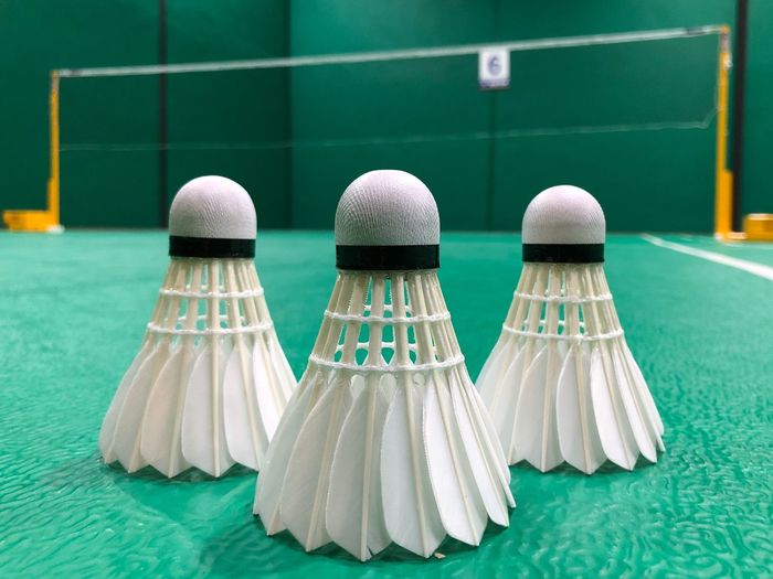 Close-up of shuttlecock and racket 