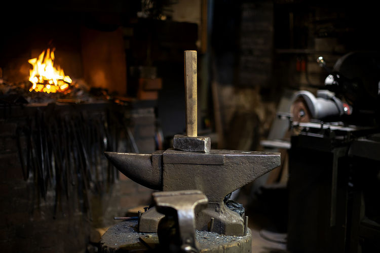 Close-up of hammer at blacksmith forge
