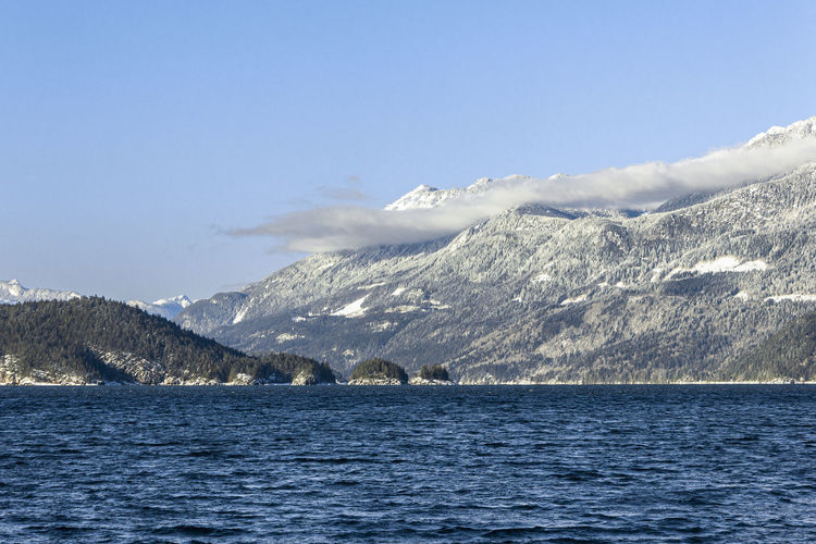Scenic view of sea and snowcapped mountains against sky