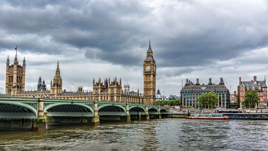 Westminster bridge over thames river by big ben against cloudy sky