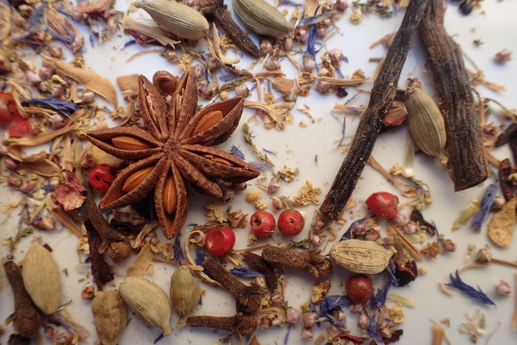 High angle view of spices scattered on table