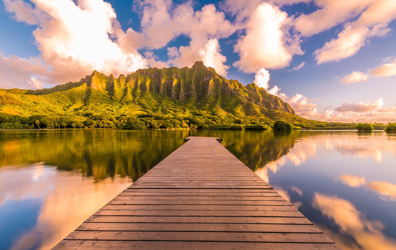Scenic view of lake by mountains against sky