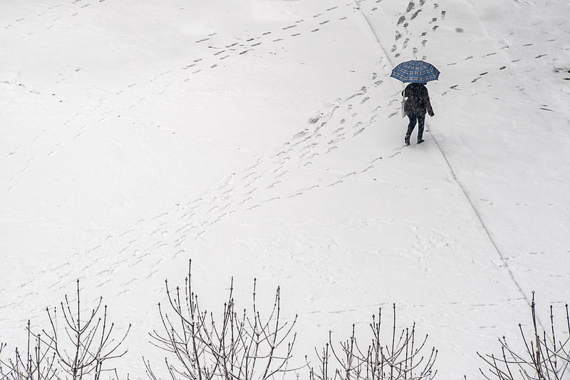 Rear view of woman walking on snow covered land