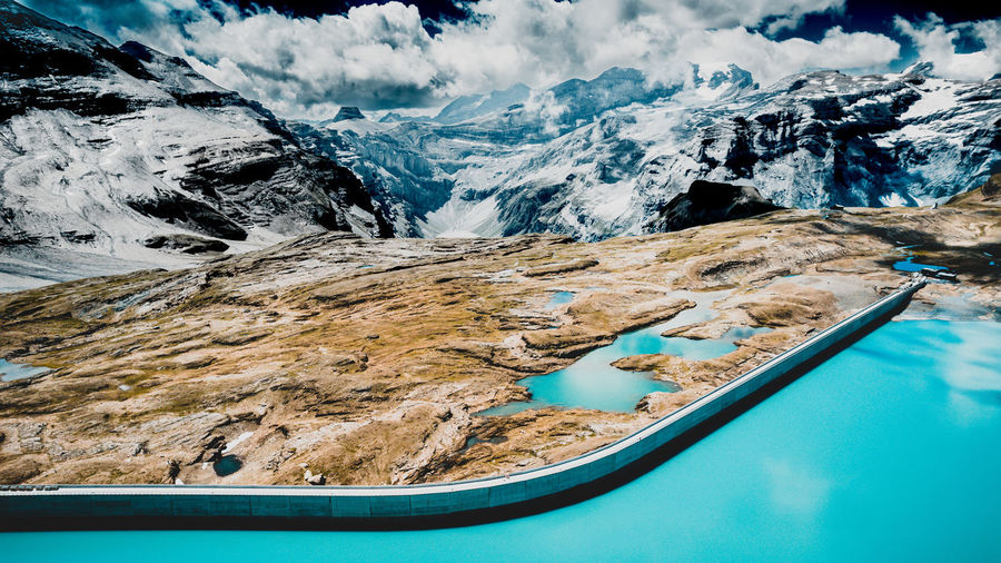 Photovoltaic panels on a dam in 2.500 meter above sea level in the swiss alps