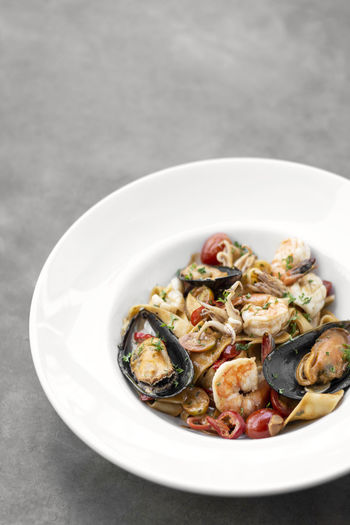 High angle view of food in plate on table