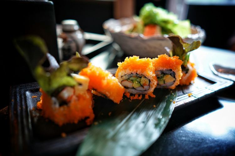 View of sushi rolls served in plate