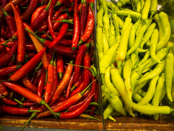 High angle view of chili peppers for sale at market