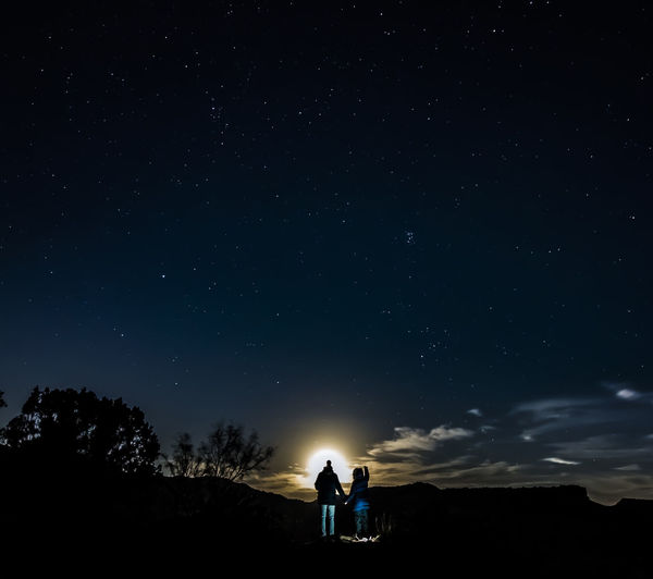 Rear view of couple standing on field against star field at night