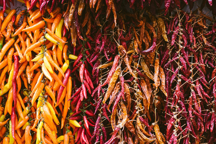 Full frame shot of multi colored chili peppers at market