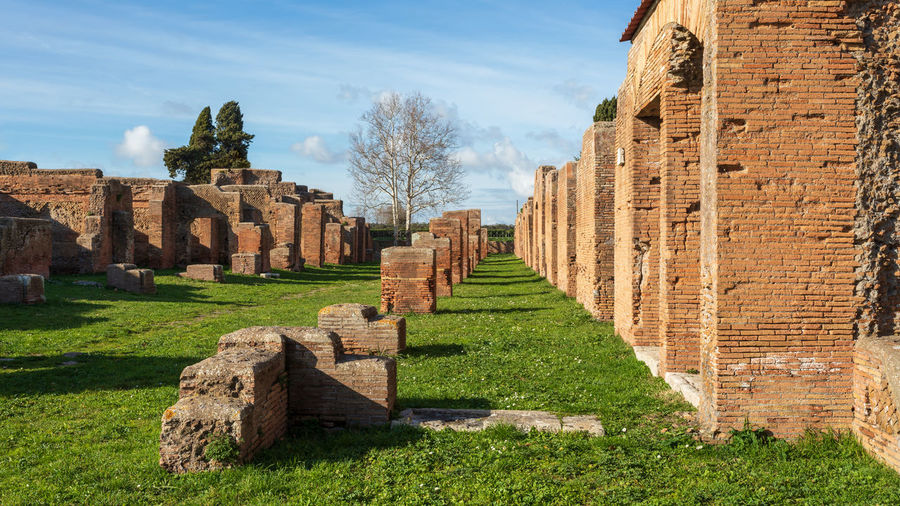 Ostia antica, overview of the archaeological park with the excavation areas, the roman necropolis.