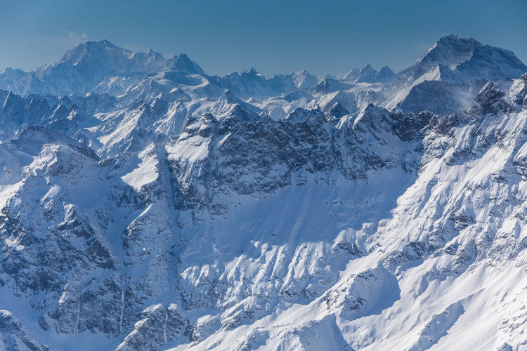 Aerial view of snowcapped mountains against sky. view from klein matterhorn, swiss alps