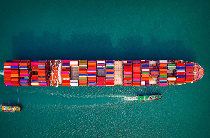 High angle view of container ship in sea