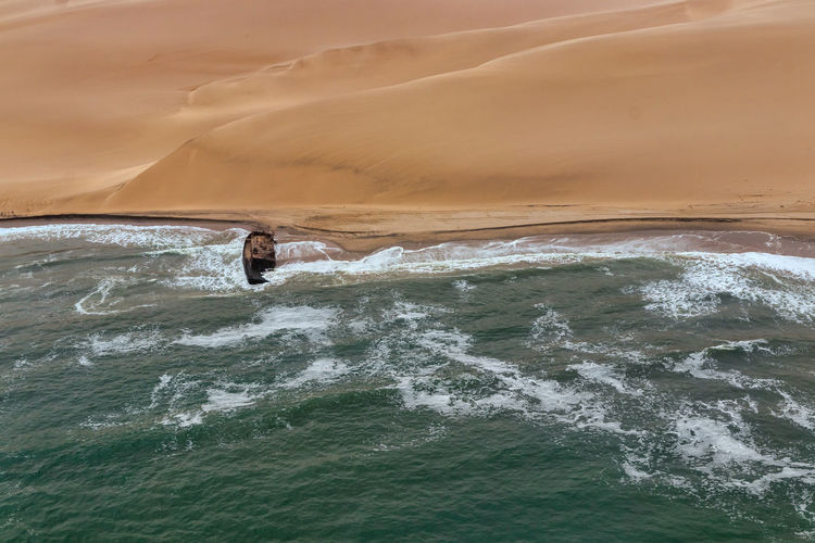 Aerial view of shipwreck in skeleton coast