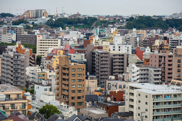 High angle view of townscape against sky in japan.