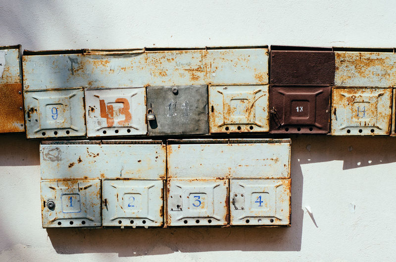 Close-up of old rusty box on wall