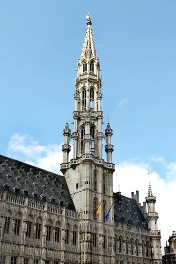 Low angle view of the bell tower of the brussel city hall. 
