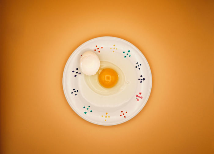 Directly above shot of raw chicken egg on white plate