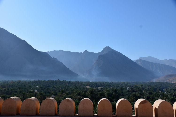 Panoramic shot of mountains against clear blue sky