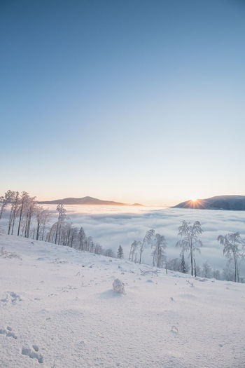 Scenic view of snow covered landscape against clear sky during sunset