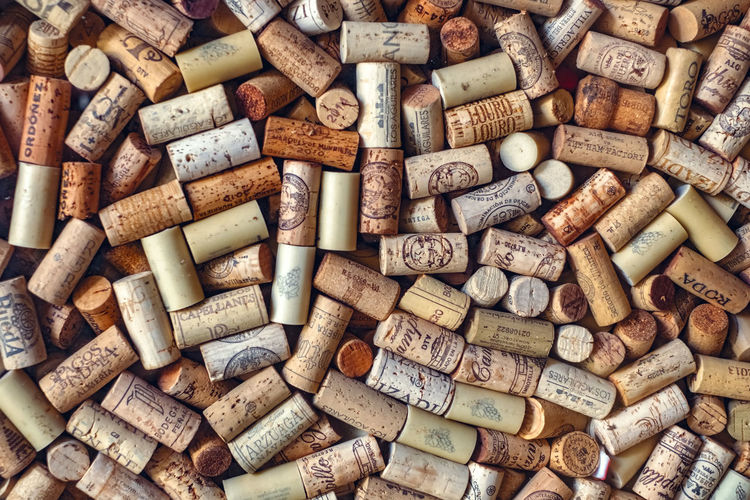 Malaga, spain - august 26, 2018. used corks plugs from spanish wine and champagne