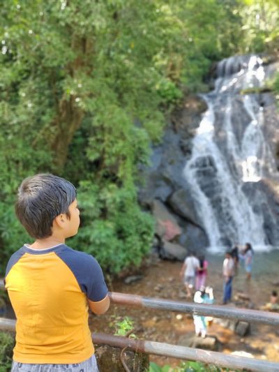 Rear view of  boy on rock at waterfall