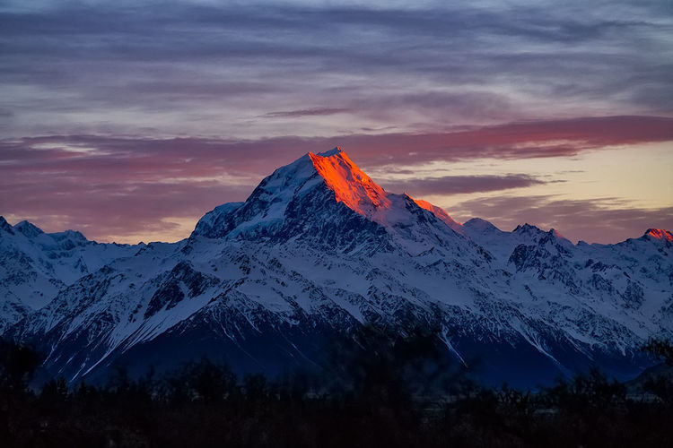 Scenic view of snowcapped mountains against sky during sunset