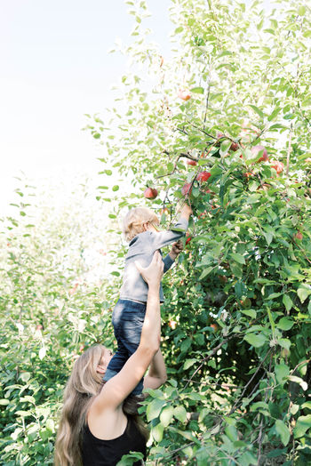 Woman standing on tree against plants